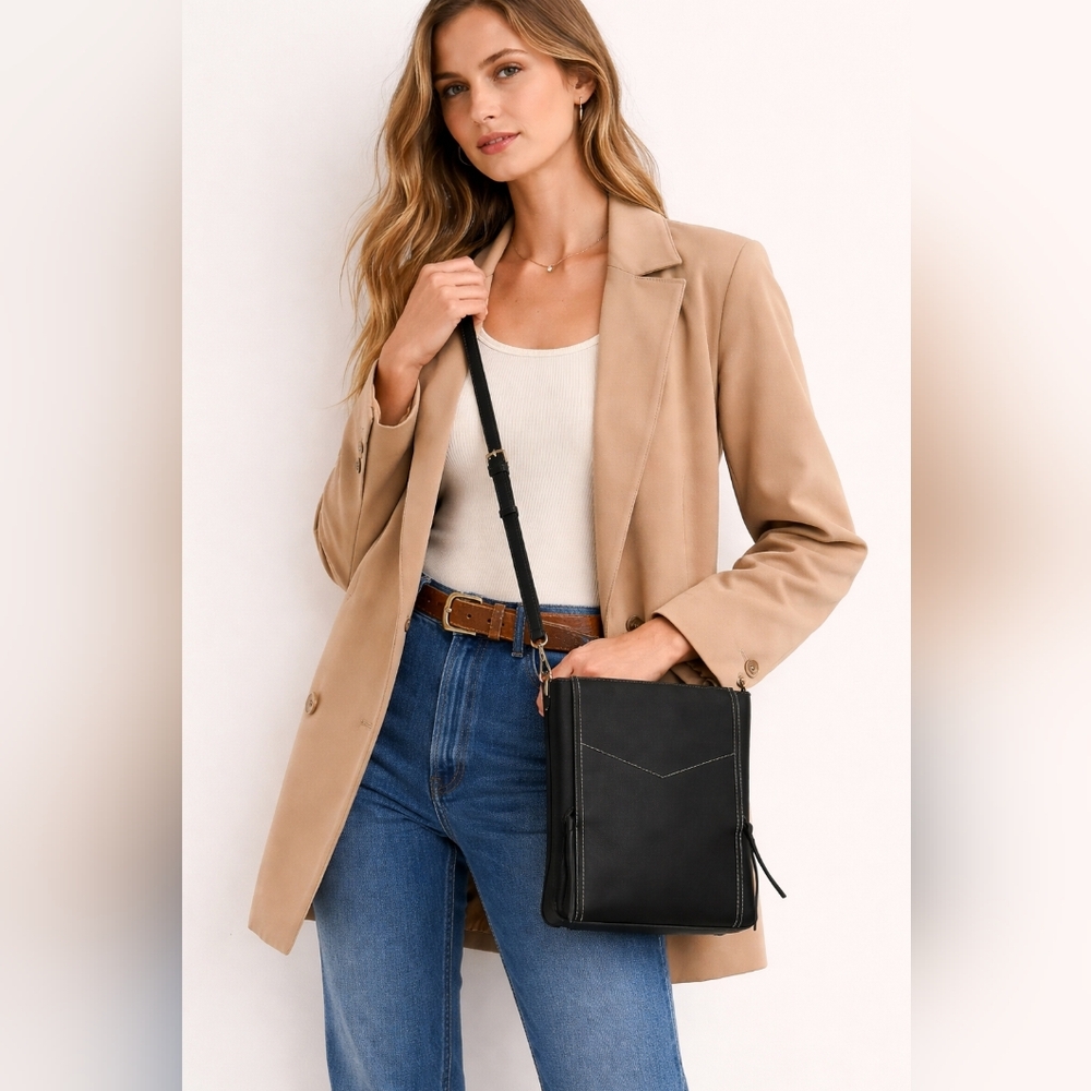 Black Leather Double Zip Flat Crossbody | Academia, Minimalist, Clean